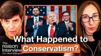 Nick Gillespie appears on the left. Stephanie Slade appears on the right. An image of President Trump delivering the State of the Union Address with Vice President J.D. Vance and Speaker Mike Johnson standing behind him appears in the center. Bold text across the bottom of the screen reads "What Happened to Conservatism?" | Illustration: Fatima Ruiz