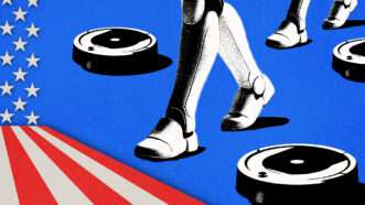 Robots and robot vacuums, and the U.S. flag | Photo: Elena Karetnikova/Dreamstime. Illustration: Midjourney, Fatima Ruiz.