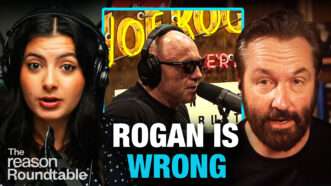 Reem Ibrahim appears on the left. Peter Suderman appears on the right. And image of Joe Rogan in sunglasses speaking into a microphone at his podcast studio is seen in the center square behind then, Bold text across the bottom of the screen reads "ROGAN IS WRONG." | Illustration: Adani Samat