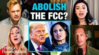 Robby Soave uppers in the top left. Reem Ibrahim appears in the top right. Zach Weissmueller appears in the bottom right. Liz Wolfe appears in the bottom left. In the center square, there is a split screen of President Donald Trump and Kristen Welker. Above it, bold text reads "ABOLISH THE FCC?" | Illustration: Adani Samat
