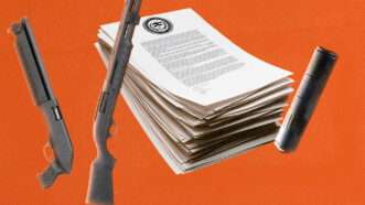 a stack of court papers flanked by a short-barreled rifle, a short-barreled shotgun, and a sound suppressor | Adani Samat/Envato/Midjourney