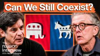 Nick Gillespie appears on the left. Kurt Andersen appears on the right. In the center, there is a split screen of the Republican Party and Democratic Party logos. Above that, bold text reads "Can We Still Coexist?" | Illustration: Adani Samat