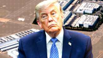 Donald Trump and an aerial photo of a data center | Aaron Schwartz - Pool via CNP/CNP / Polaris/Newscom