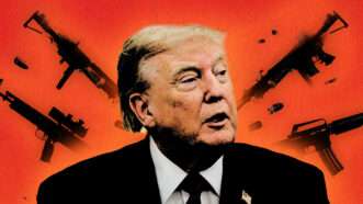 A red background, black outlines of guns, and Trump in the foreground | Photo: AdMedia/MEGA/JGLIT/Newscom. Illustration: Midjourney.