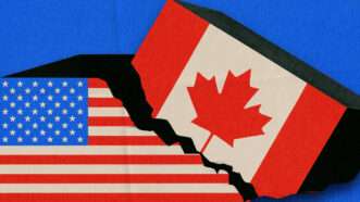 U.S. and Canadian flags torn apart from one another | Illustration: Midjourney