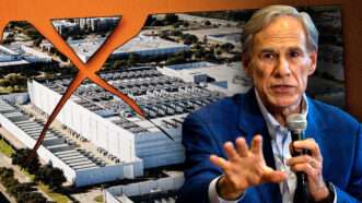 Texas governor Greg Abbott in front of a torn picture of a data center | Photo: Elvis Martinez-Cartagena/TNS/Newscom. Snehitdesign/Dreamstime. Illustration: Fatima Ruiz