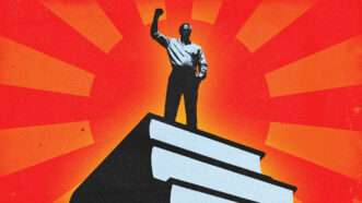 Propaganda-style photo of a man standing atop a pile of books with a fist in the air, against a rising sun. | Viktor Budyka/Dreamstime/Midjourney