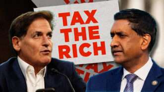 Mark Cuban and Ro Khanna are seen with a "tax the rich sign" between them | Photos: Mattie Neretin - CNP /MEGA/RSSIL/Bill Clark/CQ Roll Call/Newscom. Illustration: Fatima Ruiz/Midjourney