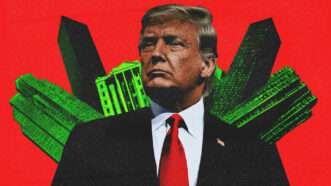 Donald Trump stands in front of green buildings | Illustration: Midjourney