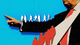Donald Trump with immigrants seen walking on his arm and up his tie | Illustration: Fatima Ruiz/Midjourney.