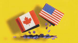 Coins falls out of wallets bearing the flags of Canada and the U.S. | Illustration: Midjourney