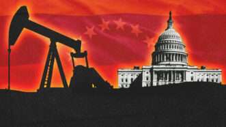 Oil drilling machinery on the left, the U.S. Capitol on the right and the Venezuelan flag in the background | Illustration: Midjourney/Ruletkka/Dreamstime