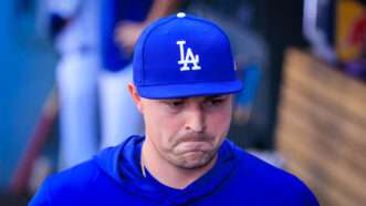 Tarik Skubal wearing a blue Dodgers hat in a baseball dugout. His lips are pursed. | Photo: Javier Rojas/ZUMAPRESS/Newscom