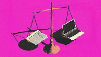 An illustration showing a newspaper and a laptop on the scales of justice | Illustration: Midjourney