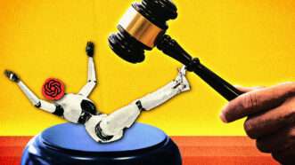 A judge's gavel hitting a robot | Pattanaphong Khuankaew/Dreamstime/Fatima Ruiz/Midjourney.