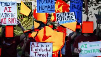 Anti-AI signs border a fractured drawing of a face | IMAGO/HASAN AKBAS PHOTOGRAPHY/IMAGO/mrhasanakbas/Newscom/Fatima Ruiz/Midjourney.