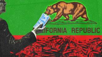 The bear on the California flag eats money out of someone's hand. | Illustration: Digitalstormcinema/Iratceva/Dreamstime/Midjourney