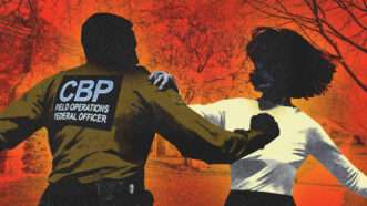 A CBP officer attacking someone | Illustration: U.S. Customs and Border Protection/Maxym022/Dreamstime/Midjourney