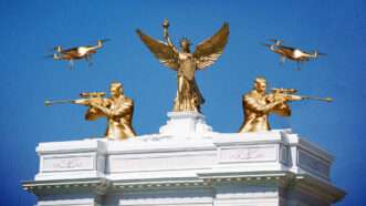 A golden angel and golden snipers sit on top of a marble pillar with golden drones above them | Jen Golbeck/ZUMAPRESS/Newscom/Midjourney.