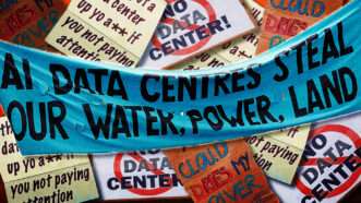 Data center protest signs | Photo; IMAGO/Matrix Images/Michael Johnston/IMAGO/Matrix Images/John J. Kim/TNS/Newscom/Paul Banton/Dreamstime. Illustration: Fatima Ruiz.
