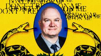 A photo of Daniel McCarthy in the middle of two snakes, a yellow background, and "Don't Tread on Me" stamped across the image | ToryAnarchist/X/Wiki Commons/Fatima Ruiz.