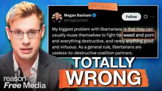 Robby Soave next to a screenshot of a tweet from Megan Basham about how libertarians only care about weed and porn | Fatima Ruiz