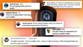 A Flock camera surrounded by screenshots of Instagram comments saying there's no expectation of privacy in public | Image: MiracleMiles/Wikimedia Commons. Illustration: Adani Samat