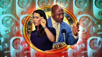 Sens. Raphael Warnock and Katie Britt against a backrop of Flock Safety automated license plate readers | Tom Williams/CQ Roll Call/Samuel Corum/Sipa USA/Charles McClintock Wilson/ZUMAPRESS/Newscom/Wiki Commons