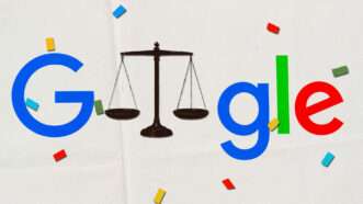 Google logo with the scales of justice | Ken Wolter/Dreamstime. Illustration: Midjourney.