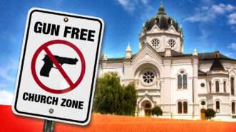 "Gun Free Church Zone" sign in front of a house of worship | Chaturon Kaikaew/Attila Jandi/Allen Graham/Eric Highfield/Dreamstime