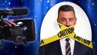 Jimmy Kimmel in front of a camera, his mouth bound with "caution" tape | Xavier Collin/Image Press Agency/XCSTU/Newscom/Valeri Brojinski/Pixelrobot/Mohd Khairi Ibrahim/Dreamstime. Illustration: Fatima Ruiz.