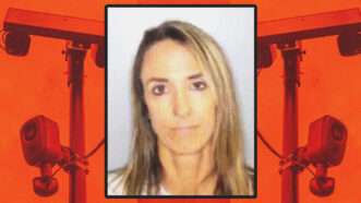 Laurie Moore's mug shot against a backdrop of Flock cameras | Illustration: Albany County Sheriff's Office/Matt Kaminsky/ZUMAPRESS/Newscom