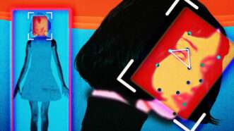 An image with a neon blue background, where a woman in a dress is having a TSA-like body scan, and, separately she is pictured on the right with a close-up of her face that has facial recognition dots on it. | Fatima Ruiz/Midjourney