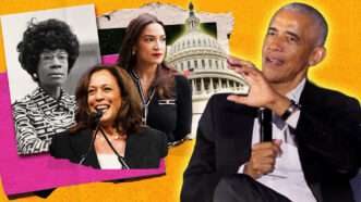 Barack Obama on the right, with Shirley Chisholm, Kamala Harris, and Alexandria Ocasio-Cortez on the left | Adam Gray/UPI/Newscom/Sheila Fitzgerald/ Pumppump/Dreamstime/Wiki Commons/theblaze/X/C-Span/Midjourney.