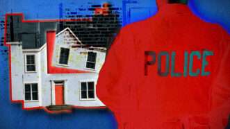 A police officer stands in front of a house that is partially broken. | Mathayward/Richnaz/Dreamtime/Fatima Ruiz/Midjourney