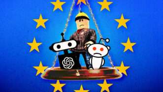 Characters and logos of Reddit, Roblox, and ChatGPT, in front of the European Union flag | Mohamed Ahmed Soliman/Md Khurshid Alam/Carolyn Franks/Dennizn/Dreamstime/Wiki Commons/Fatima Ruiz