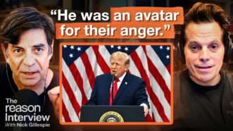 Nick Gillespie appears on the left. Anthony Scaramucci appears on the right. An image of President Donald Trump at a podium, speaking in front of American flags appears in the center square. Bold text across the top of the screen reads "He was an avatar for their anger." | Illustration: Fatima Ruiz