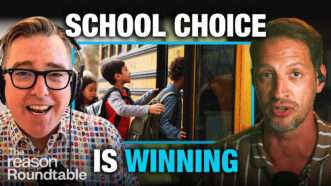Matt Welch appears on the left. Zach Weissmueller appears on the right. An image of children getting on a school bus appears behind them in the center square. Bold text across the top and bottom of the center image reads "SCHOOL CHOICE IS WINNING." | Illustration: Fatima Ruiz