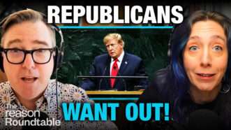 Matt Welch appears on the left. Katherine Mangu-Ward appears on the right. An image of President Donald Trump speaking at the United Nations appears behind them in the center. Bold text across the top and bottom of the screen reads "Republicans Want Out!" | Illustration: Fatima Ruiz