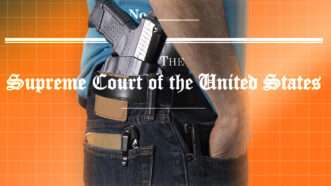 the logo of the U.S. Supreme Court superimposed on an image of a man carrying a holstered gun | Photo: Jamiecarrollllc/Dreamstime | Illustration: Adani Samat