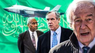 Representative Gregory Meeks on the left, Senator Jeff Merkley in the center, Senator Ed Markey on the right, with a fighter jet and flag | Photo: Tom Williams/CQ Roll Call/Eric Kayne/Amena Akhi/Sebastian Elias Uth/ZUMAPRESS/Newscom. Illustration: Adani Samat