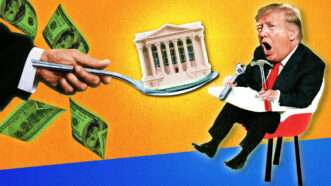 a robed arm delivers the White House to a squalling Donald Trump on a silver spoon | Photo: Okea/Alexkalina/Milosluz/Cammeraydave/Dreamstime | Illustration: Fatima Ruiz/Midjourney