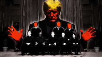 President Donald Trump looms over a portrait of the Supreme Court | CNP/AdMedia/Newscom/Fatima Ruiz/Midjourney
