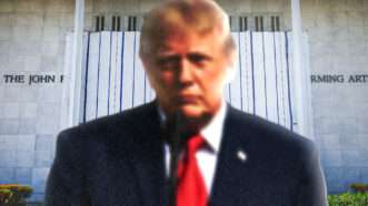 Donald Trump in front of the Kennedy Center | Illustration: Adani Samat. Photo: Annabelle Gordon - Pool via CNP/CNP / Polaris/Samuel Corum/Sipa USA/Newscom