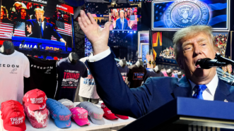 Donald Trump is seen speaking at the RNC midterm convention next to MAGA merchandise | BONNIE CASH/UPI/Newscom/Billy Binion