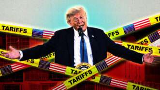 President Donald Trump stands amid yellow police tape labeled "tariffs." | AdMedia/Mega/Newscom/JGLIT/Newscom/Skypixel/Dreamstime/Fatima Ruiz