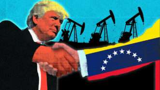 Trump shaking hands with a figure wearing the Venezuelan flag | Photo: Wenbin Yu/Dreamstime. Illustration: Fatima Ruiz/Midjourney