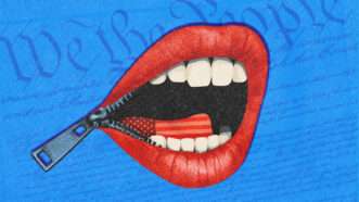 Illustration of a mouth with a zipper, with the Constitution behind it | Tinamou/Dreamstime/Midjourney