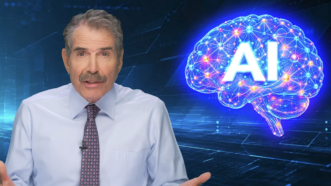 John Stossel is seen next to a brain that says "AI" | Stossel TV