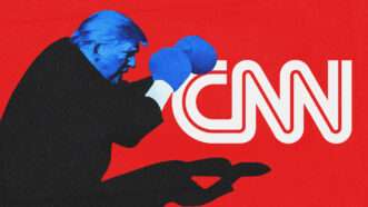 Trump in boxing gloves sparring with the CNN logo | CNN/Midjourney